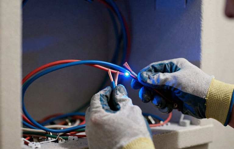 A sharp, technical photograph of professional electrical wiring installation in a North American home. An electrician's hands in safety gloves are visible working with copper wires. High contrast lighting with dark blue shadows and electric blue highlights.