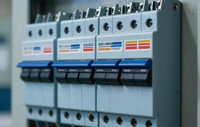A high-energy, modern photograph of a newly installed North American electrical circuit breaker panel. The metallic surface has an electric blue sheen, and the switches are perfectly aligned, highlighting safety and power.