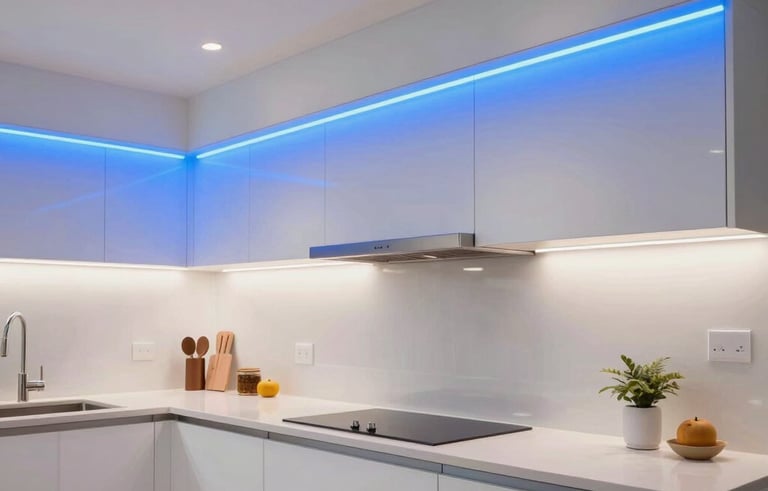 An architectural shot of a modern North American kitchen featuring custom LED lighting installed by professionals. Bright, clean aesthetic with electric blue and white lighting tones, showcasing technical expertise.
