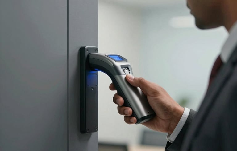 A close-up shot of a professional in business attire in a South Asian office environment using a fingerprint biometric scanner next to a slate grey door frame. The atmosphere is professional and secure.