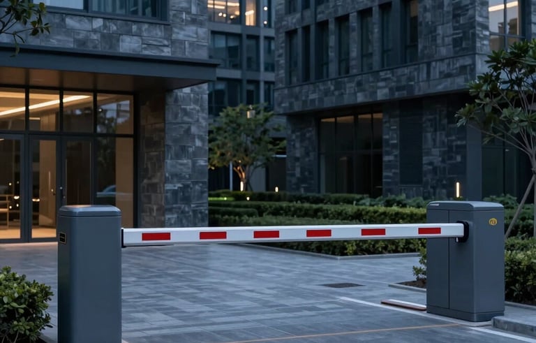 A sleek, modern automated boom barrier at the entrance of a contemporary South Asian corporate park. The scene is shot at dusk with slate grey architecture and professional lighting in deep blue tones.