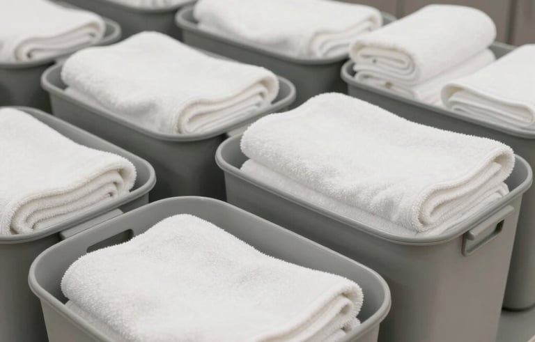 A professional wide shot of organized laundry bins filled with clean white towels in a modern, minimalist North American commercial spa or wellness center environment.