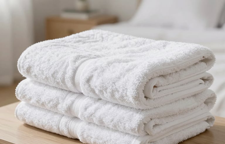 A high-quality photo of plush, white towels and a thick comforter folded neatly on a light wood surface. The background shows a clean, airy North American bedroom with soft lighting.