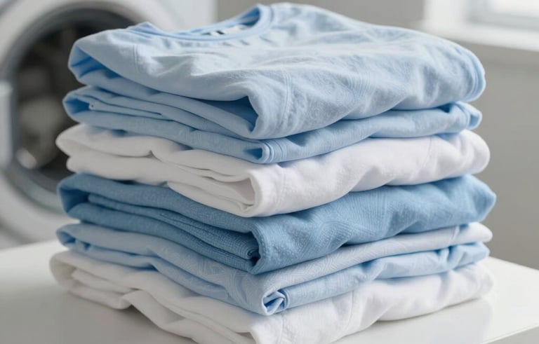 A close-up photograph of a neat stack of freshly folded cotton clothes in soft shades of light blue and white. The setting is a bright, modern North American laundry room with clean surfaces and natural light.
