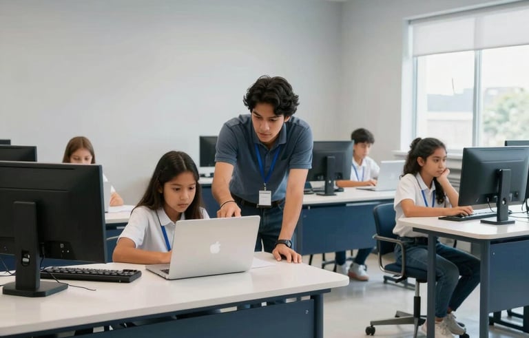 Wide shot of a bright modern computer classroom in a South American setting. A person is guiding a student on a laptop. The room has light gray walls and dark blue furniture with clean natural lighting.