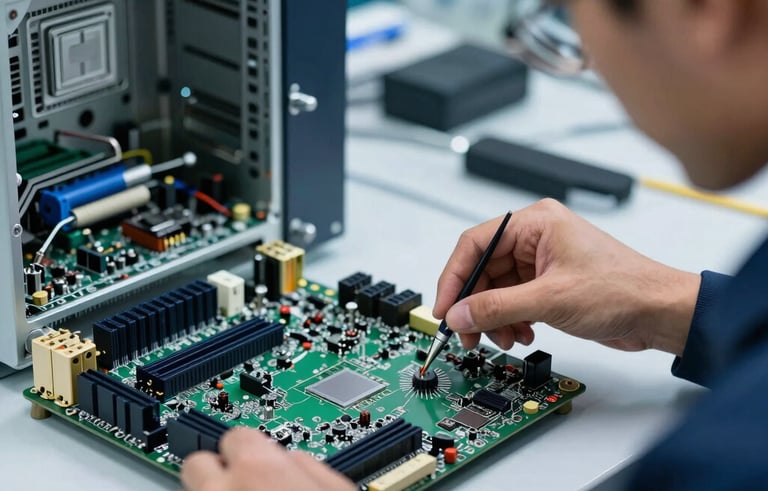 A South American technician in a professional lab assembling a computer motherboard. Close-up on the technical task with modern equipment and bright steel blue lighting.