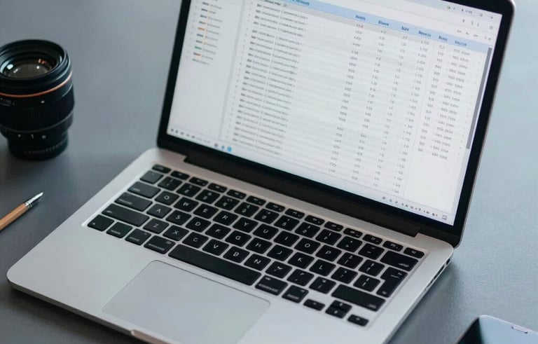Overhead view of a laptop screen displaying complex data spreadsheets in a modern South American office. Muted blue-gray tones with professional accessories on the desk.