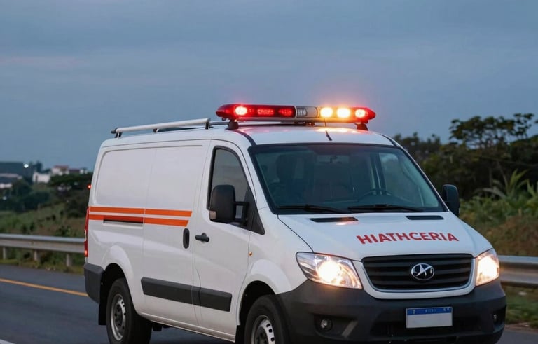 A professional service vehicle with emergency signaling active on a Brazilian highway at dusk. The sky has muted blue tones. South American road infrastructure visible. The composition is clean and focused on the efficiency of road support services.