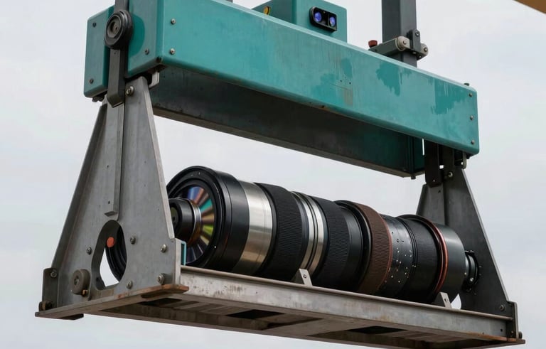 Close-up photography of a heavy-duty cargo handling operation at a South American logistics hub. Precision equipment in teal and metallic grey tones. The lighting is crisp and professional, emphasizing reliability and technical expertise in modern ground transport support.