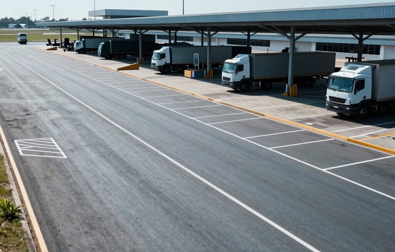 A high-angle professional photograph of a modern Brazilian land transport terminal. Clean, organized asphalt yard with white lines, under bright daylight. The scene highlights efficiency and logistical order, with distant silhouettes of trucks and cargo equipment. Muted blue and slate blue tones dominate the infrastructure.