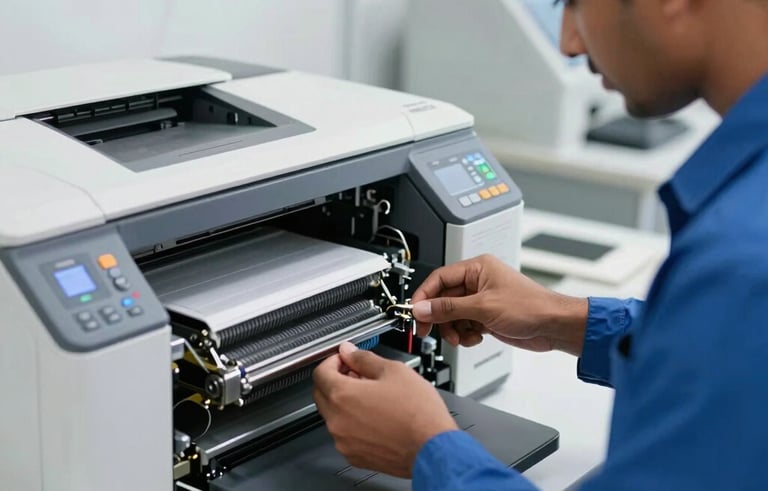 A close-up photograph of a South Asian technician in a blue uniform repairing a large-format industrial office printer. The workspace is clean and modern, lit with bright, cool white light, emphasizing precision and technical expertise.