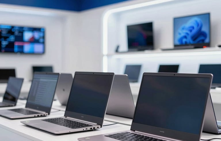 A row of sleek, modern, refurbished laptops displayed in a bright, tech-forward retail showroom in Amroha. The lighting is clean and professional with deep blue and white accents in the background, reflecting a high-performance South Asian business environment.