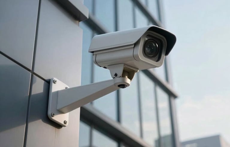 A high-tech security camera mounted on the sleek exterior of a modern commercial building in a South Asian city. The shot is low-angle, looking up toward a clear sky, symbolizing safety, reliability, and cutting-edge surveillance technology.