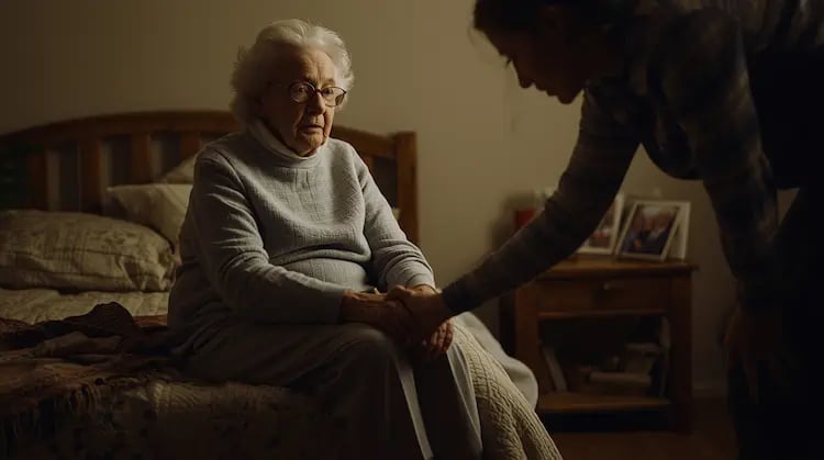 Caregiver holding the hand of an elderly person with dementia at bedtime, illustrating support during sleepless nights