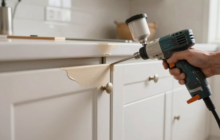 A close-up photograph showing the precision refinishing of kitchen cabinets. A professional hand is using a high-end spray system to apply a smooth beige finish in a bright, modern North American kitchen.