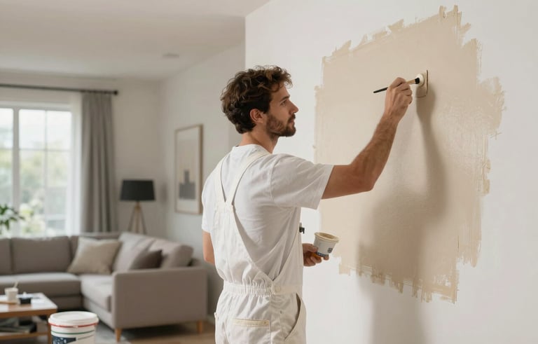 A professional painter wearing clean white overalls applying beige paint to a living room wall in a modern North American home. The image showcases precision edge-taping and a clean, organized workspace with natural light.