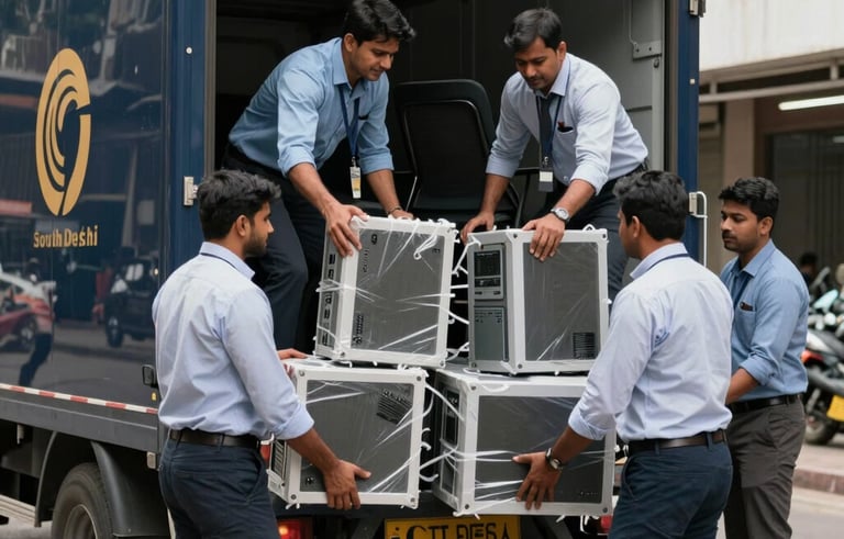 A photography shot showing a South Asian professional moving team loading wrapped computer monitors and office chairs into a clean, dark blue truck branded with a gold logo in a corporate South Delhi setting.