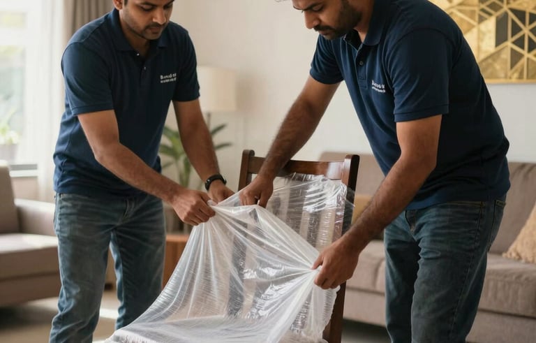 A professional photography shot of a South Asian moving crew carefully wrapping a wooden dining chair in bubble wrap inside a bright apartment in New Delhi. The scene uses natural lighting and features a palette of dark blue and gold in the background elements, emphasizing care and reliability.