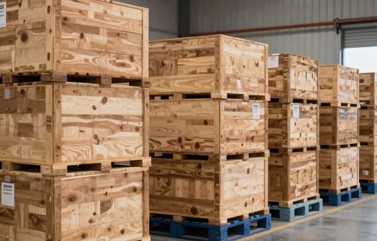 A wide-angle photography shot of a clean, organized warehouse in an Indian industrial hub. Neatly stacked wooden crates and blue palettes are visible under soft, professional lighting, conveying security and trust.