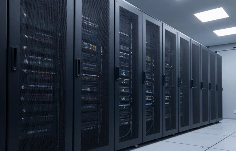 A premium, ultra-clean wide-angle architectural photograph of a high-tech server room with deep navy and charcoal grey accents. The lighting is calm and authoritative, reflecting an enterprise-grade facility in North American / Global context.