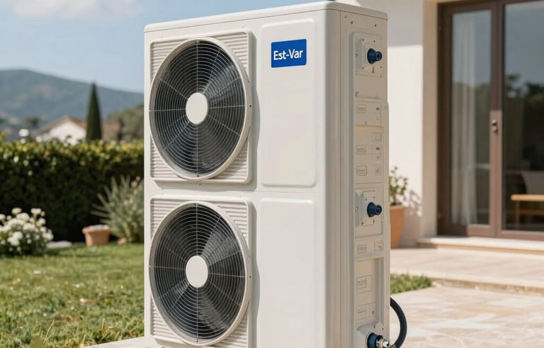 Exterior installation of a high-tech air-water heat pump in a garden of a luxury villa in the Est-Var region, clean professional piping, Mediterranean landscape background, bright sunny day.