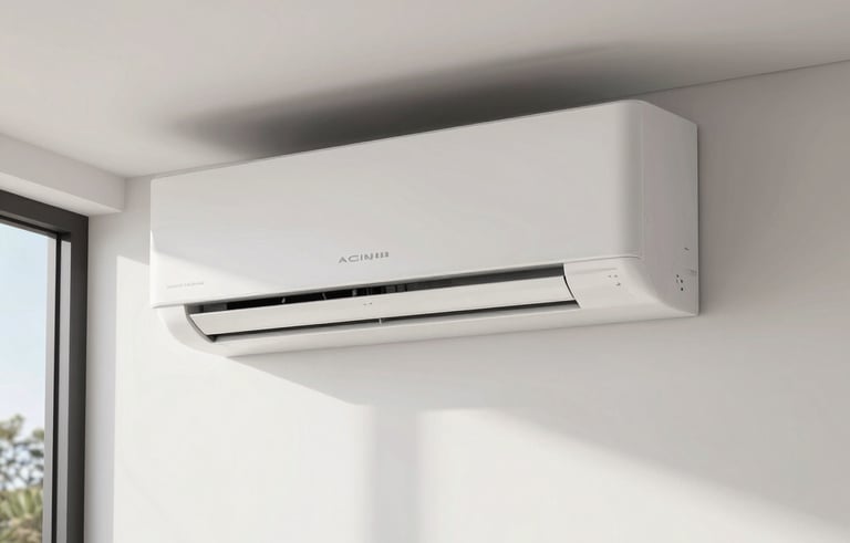Interior shot of a luxury modern villa in the French Riviera, sleek minimalist air conditioning unit installed on a clean white wall, high-end contemporary design with bright natural light, Southern European aesthetic.