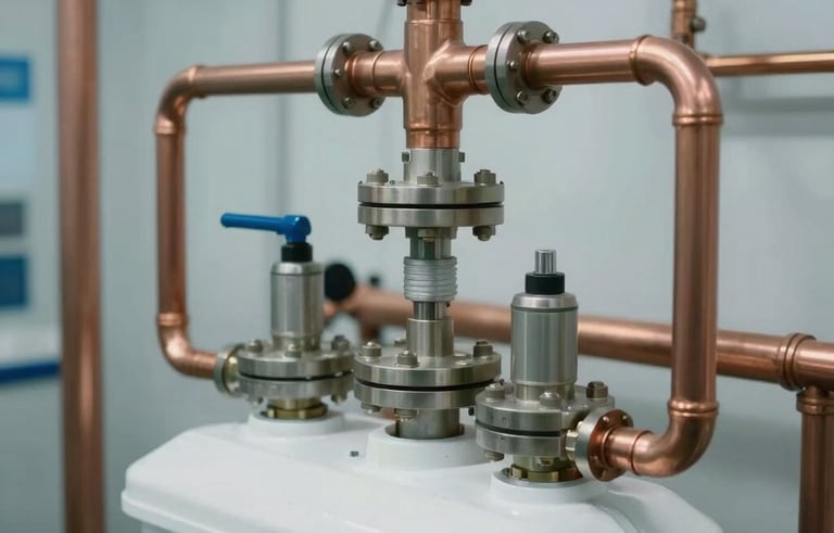 Close-up of a modern water treatment system and water softener installed in a pristine technical room, professional copper pipe layout, soft lighting emphasizing technical precision.