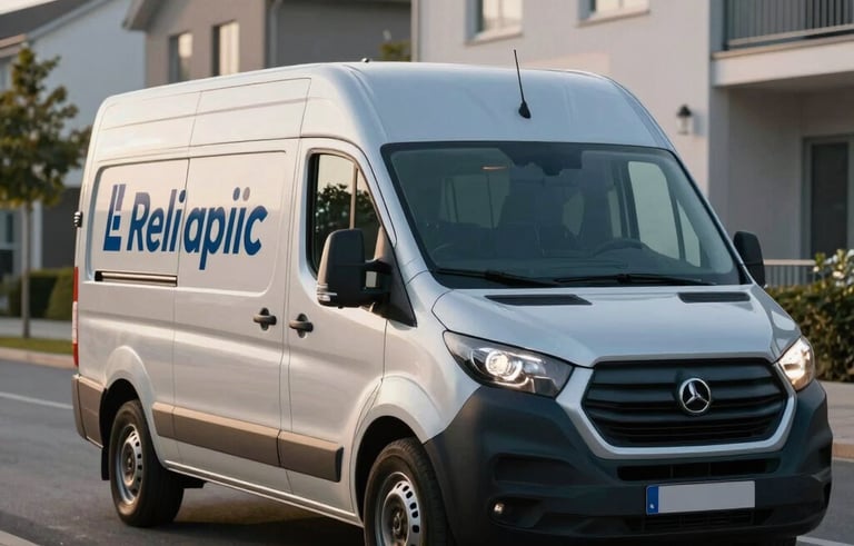 Professional commercial delivery van parked in a clean, modern Central European suburban business district, soft morning light, silver and dark blue tones, reliable logistics atmosphere.