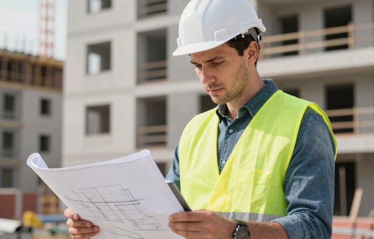 A focused engineer in a safety vest looking at blueprints on a tablet at a construction site in Slovakia, modern residential building under construction backdrop.