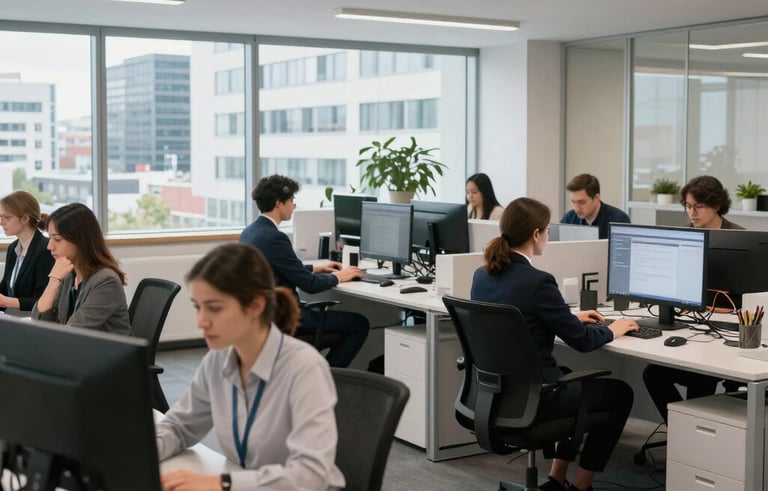 A bright, clean professional office space in a Central European city, staff members working in organized environment with modern equipment, professional atmosphere.