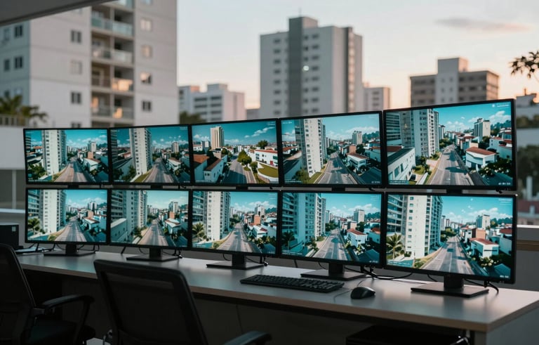 A professional monitoring station with large screens displaying security footage of a modern condominium complex in South American / Brazilian urban area. Soft morning light, dominated by deep teal and soft white tones, wide angle.