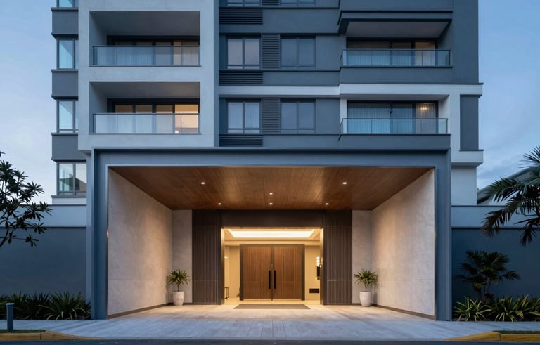 Clean, modern architectural photography of a high-end South American / Brazilian condominium entrance. Professional lighting, deep muted blue and pale blue accents, sleek design.