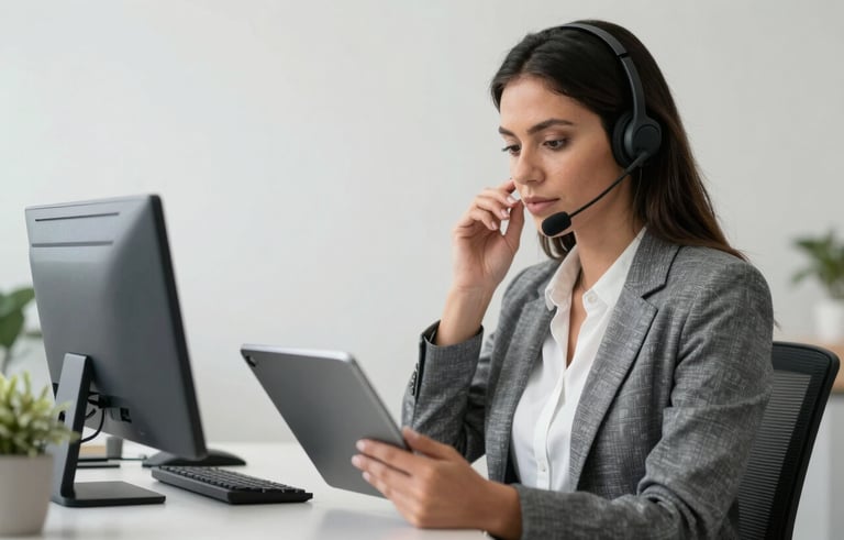 A South American / Brazilian professional woman in a modern office environment, looking focused and competent while using a headset and tablet. Neutral soft white background with steel blue office details.
