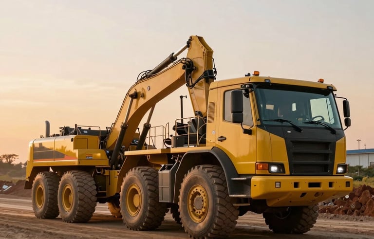 Heavy-duty construction trucks operating on a large infrastructure project in South America. The image shows the power and capability of the machinery during a golden hour sunset, highlighting efficiency and strength.