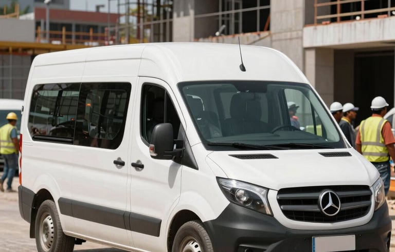 A professional white passenger van parked at a bustling South American construction site. The scene is bright and professional with construction workers wearing safety gear in the background. The lighting is natural and clear, emphasizing reliability.