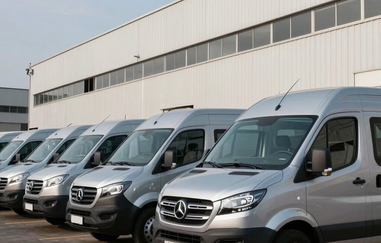 A fleet of modern, clean silver vans lined up in front of an industrial office in Brazil. The composition is sleek and highlights the scale and professionalism of the vehicle fleet under a clear sky.