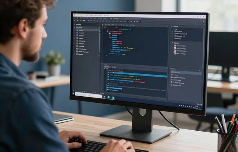 A professional designer in a bright, modern US studio workspace focusing on a large high-resolution monitor displaying creative code, Navy Blue and Slate Blue room accents, sophisticated vibe.