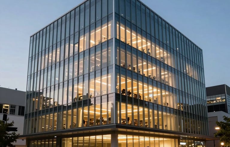 A wide shot of a contemporary glass and steel tech hub in a North American city at dusk, internal warm lights glowing, clean lines, professional and technologically advanced atmosphere.