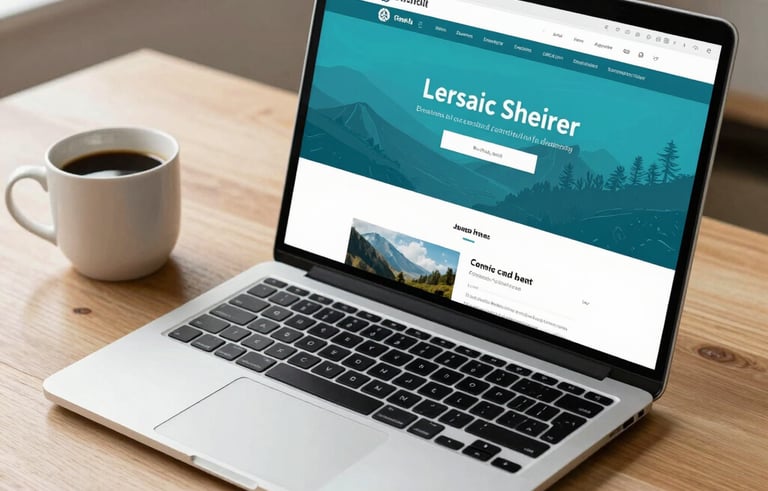 A sleek laptop showing a vibrant website interface on a light wood desk next to a warm cup of coffee, natural soft light, North American modern home office style, professional and cozy with Turquoise Blue accents.
