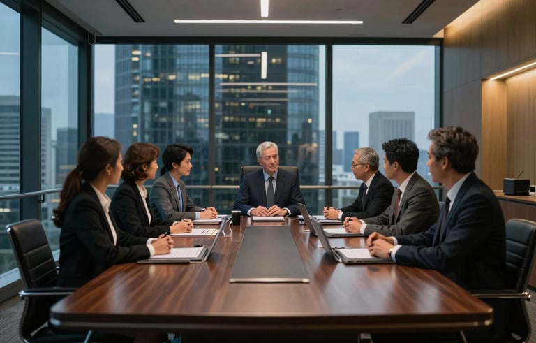 A sophisticated wide-angle photograph of a modern corporate boardroom in a South American skyscraper during a strategic meeting. The lighting is professional and moody, with dark blue and gold accents in the architectural details. The atmosphere is one of high-level business intelligence and authority.
