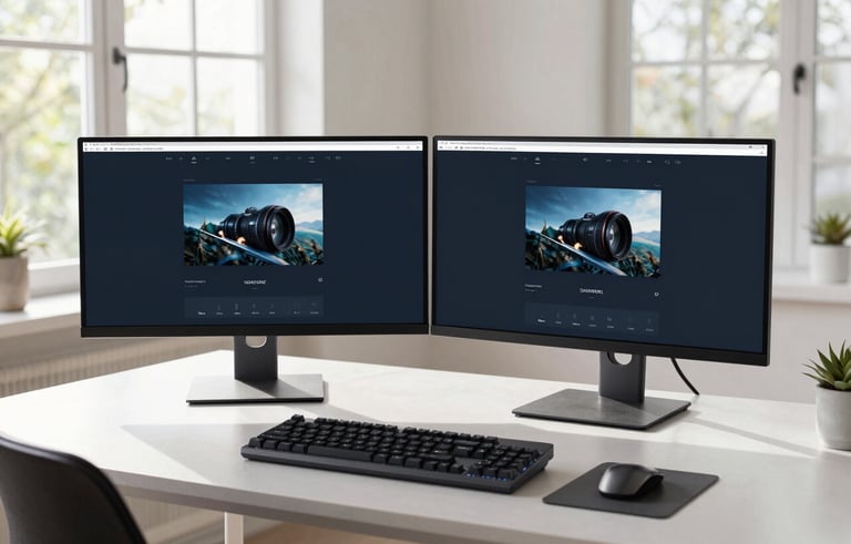 A modern web design workstation with dual 4K monitors, a mechanical keyboard, and minimalist decor in a North American home office, bright morning light streaming through large windows, sophisticated and professional atmosphere.