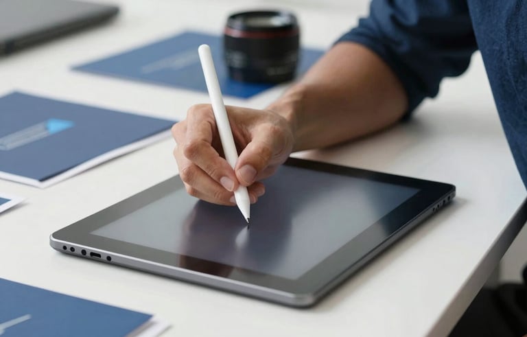 Close-up photography of a professional designer using a stylus on a tablet at a clean white desk, surrounded by sophisticated blue-toned branding materials in a bright, modern studio.