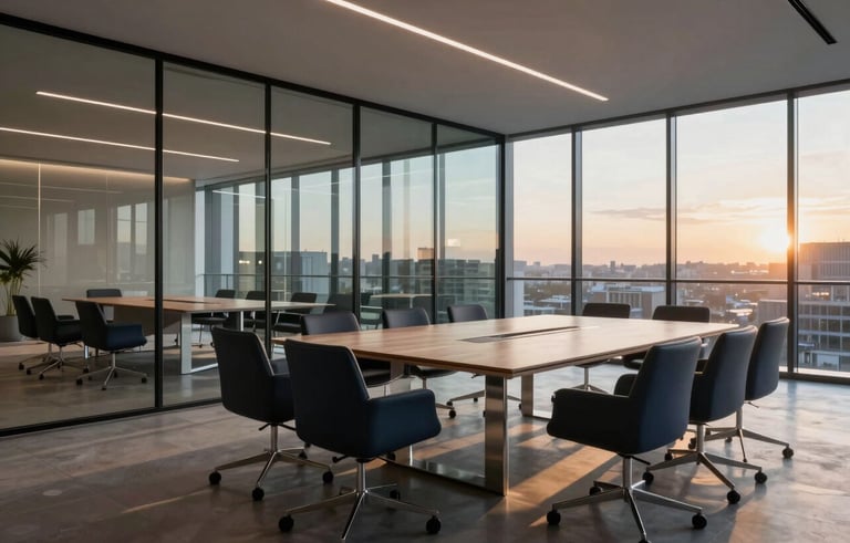 A wide-angle photography shot of a sleek, glass-walled boardroom in a modern Western European tech hub, featuring minimalist steel and wood furniture with deep navy accents, sunset lighting.