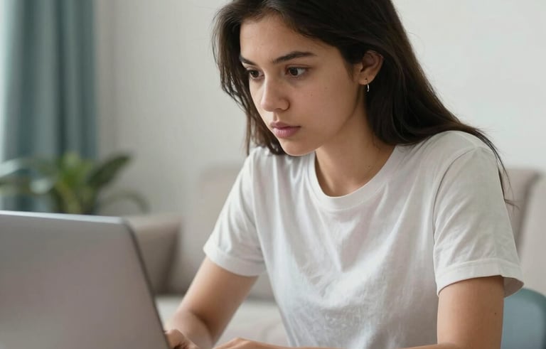 A young Latin American student sitting in a bright, modern living room, focused on a laptop screen with an expression of curiosity and learning. Soft natural light, high-quality photography, incorporating soft teal and off-white accents in the room decor.