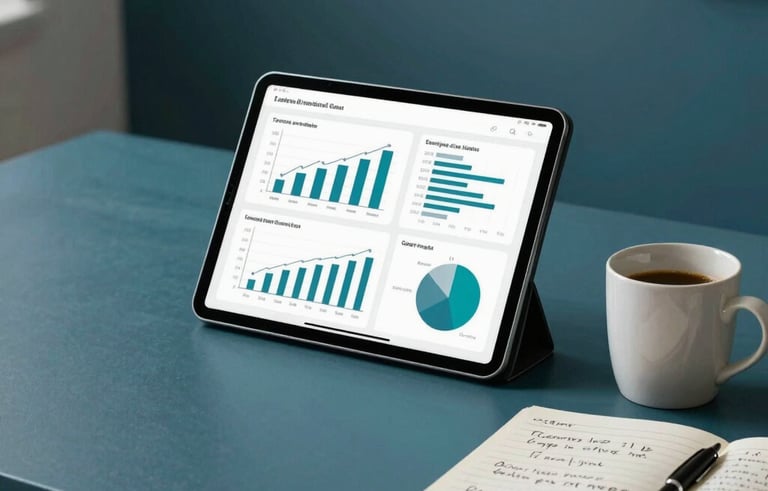 A clean and organized home office setup in a Latin American city apartment, showing a tablet with educational graphs, a ceramic mug, and a notebook with handwritten notes. Professional and empowering atmosphere, lighting in shades of teal and dark blue.