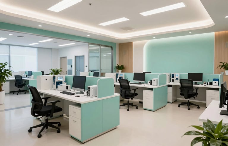 A wide-angle shot of a sophisticated medical administrative office in North America. The environment is organized and modern, with high-end technology and Seafoam Green accents in the decor, reflecting efficient operations.