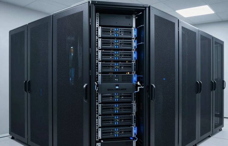 A clean, minimalist photography of a modern server room or data hub with soft lighting. The composition is professional and secure, emphasizing innovative technology and high-level healthcare management.