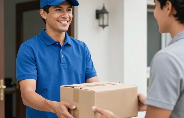 A professional Latin American courier in a medium blue polo shirt handing a cardboard package to a smiling customer at the entrance of a modern house. Bright daylight, clean composition, reflecting trust and efficiency. Colors include medium blue and light gray.