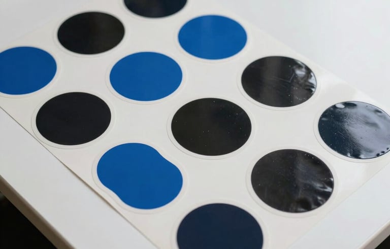 A top-down professional product shot of high-quality matte and glossy vinyl stickers spread across a modern white desk in a North American studio. Soft daylight illuminating the textures and vibrant blue and black inks.