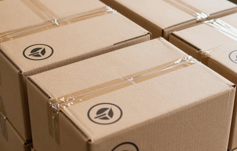 A high-angle photo of neatly stacked cardboard shipping boxes with professional circular branding stickers featuring a minimalist logo in a clean US warehouse setting.